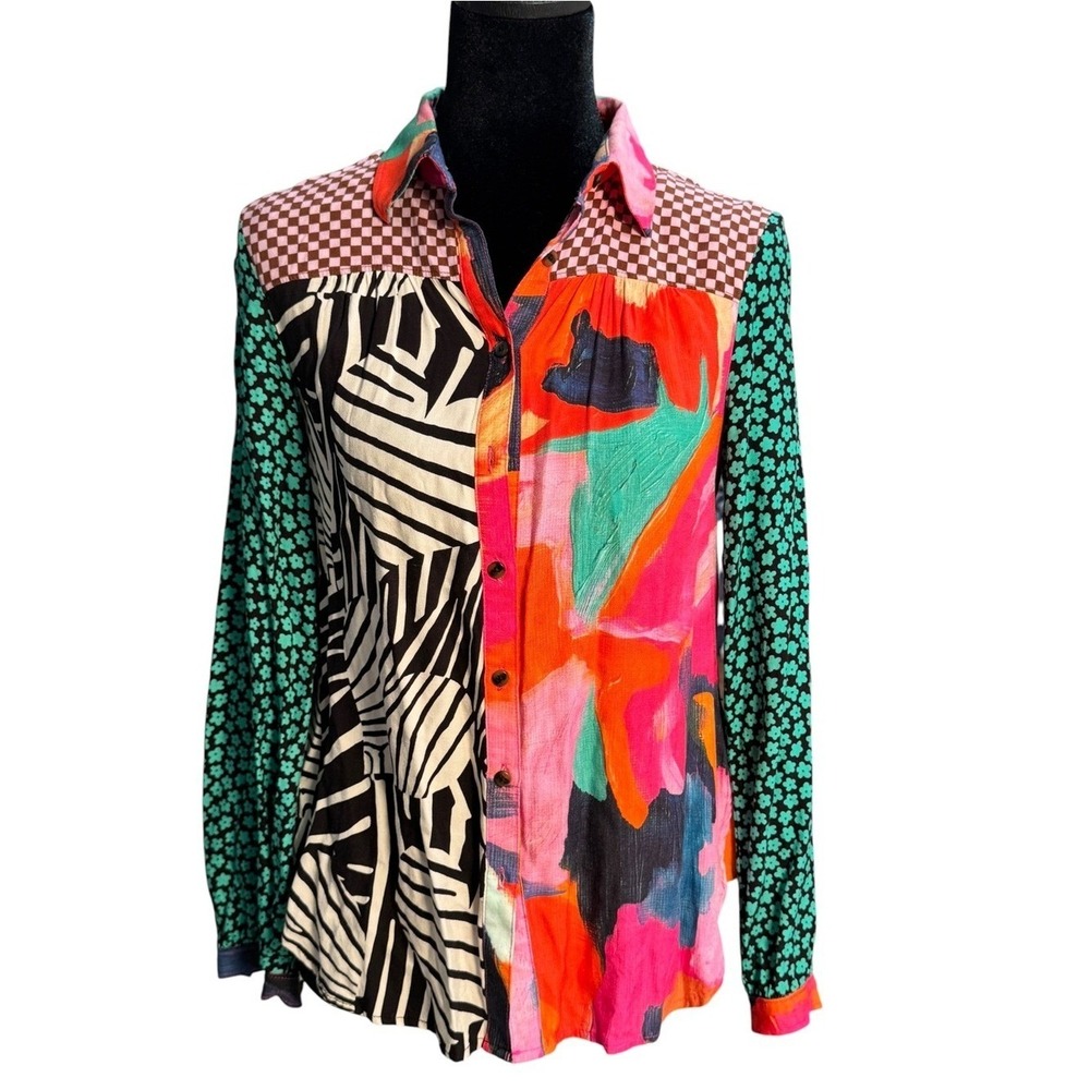 Maeve Anthropologie Mixed Print Button Down‎ Shirt XXS Abstract Zebra Floral Top